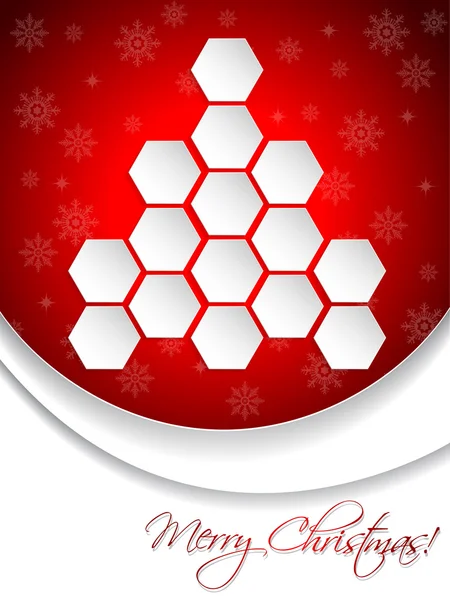 Red christmas greeting card design with hexagon tree — Stock Vector