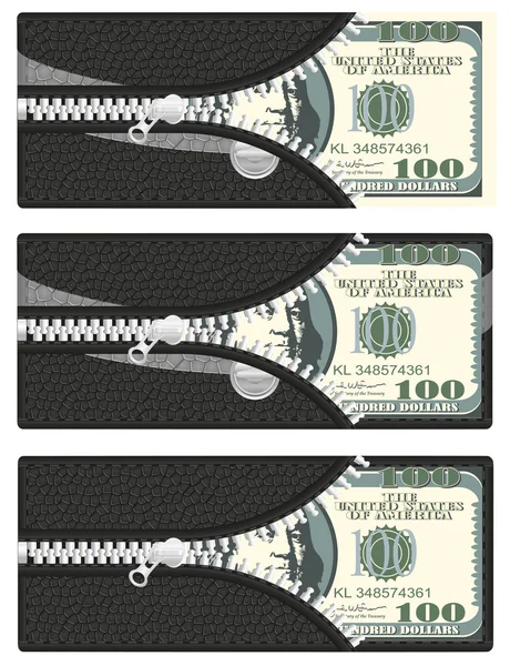 One hundred dollars in your wallet with open zipper — Stock Vector