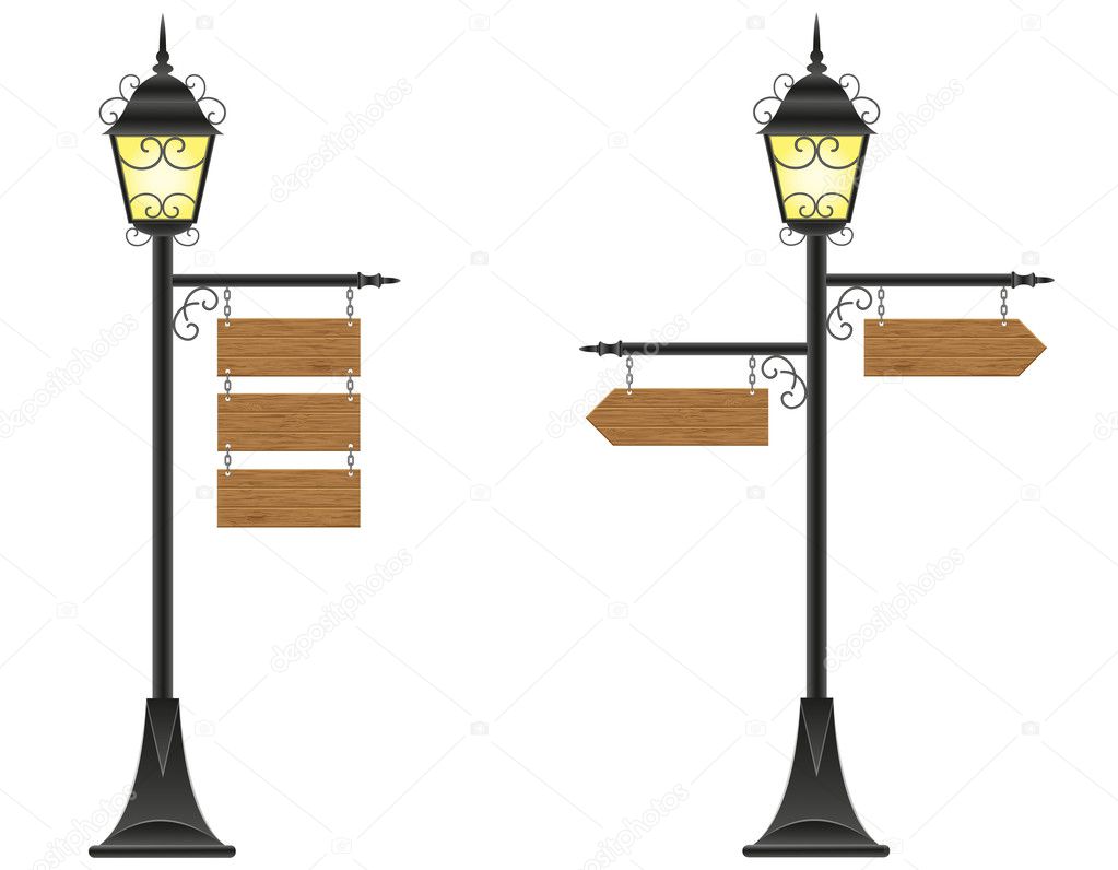 Wooden boards signs hanging on a streetlight vector illustratio