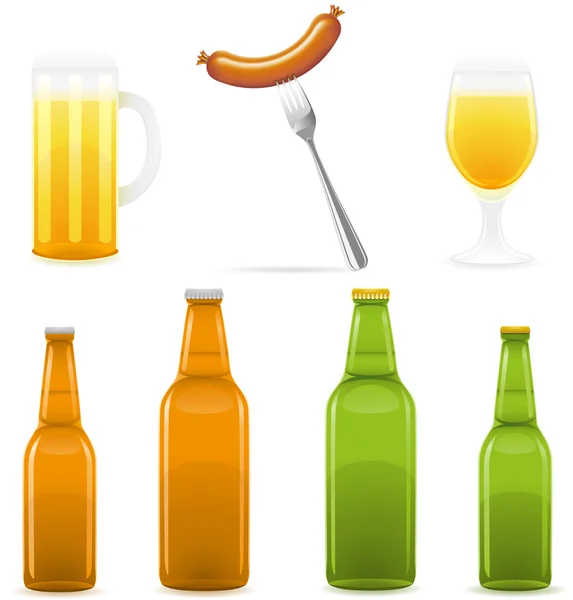 Bier fles glas en worst vectorillustratie — Stockvector