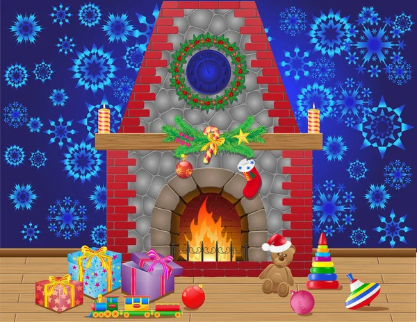 Open haard kamer met giften van Kerstmis en decoraties — Stockvector