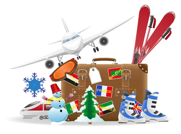 Vieille valise de voyage et éléments pour une récréation d'hiver vec — Image vectorielle