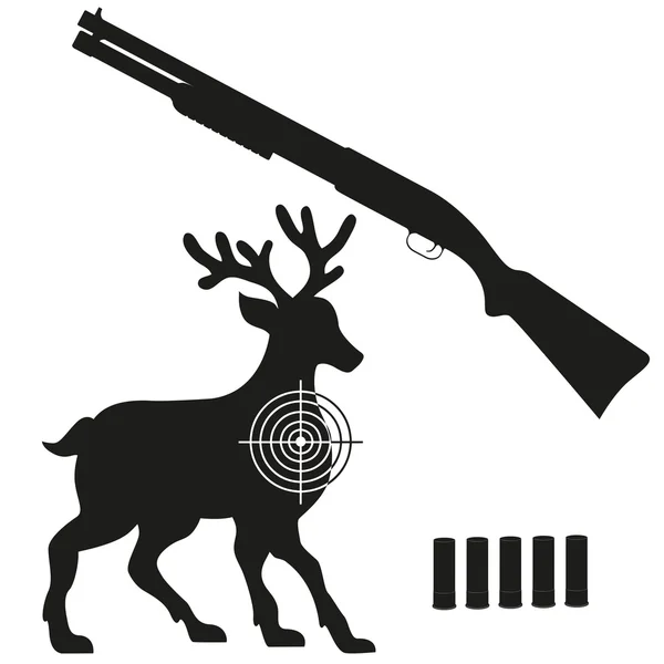 Shotgun and aim on a deer black silhouette vector illustration — Stock Vector