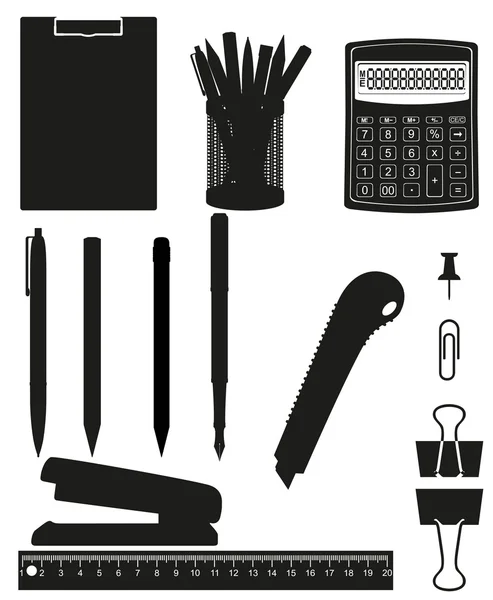 Papeterie Set Symbole schwarze Silhouette Vektor Illustration — Stockvektor