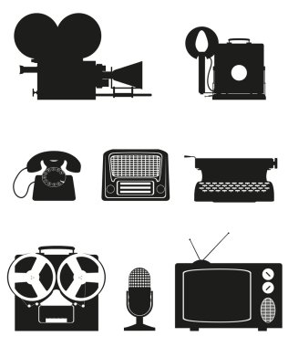 Vintage ve eski sanat donanımları siluet video fotoğraf telefonu recor