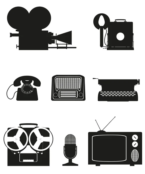 Vintage en oude kunst apparatuur silhouet video foto telefoon Verme — Stockvector