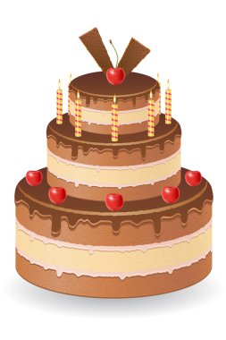 Çikolatalı kek kiraz ve yanan mum vektör illustra