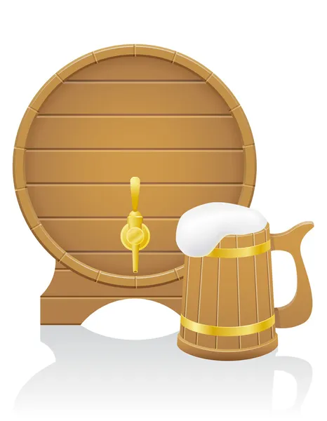 Barril de cerveza de madera y taza vector ilustración — Archivo Imágenes Vectoriales