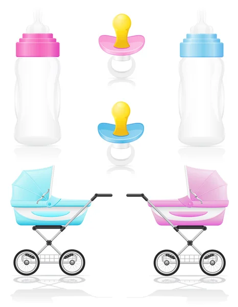 Set icons perambulator bottle pacifier pink and blue vector illu — Stock Vector