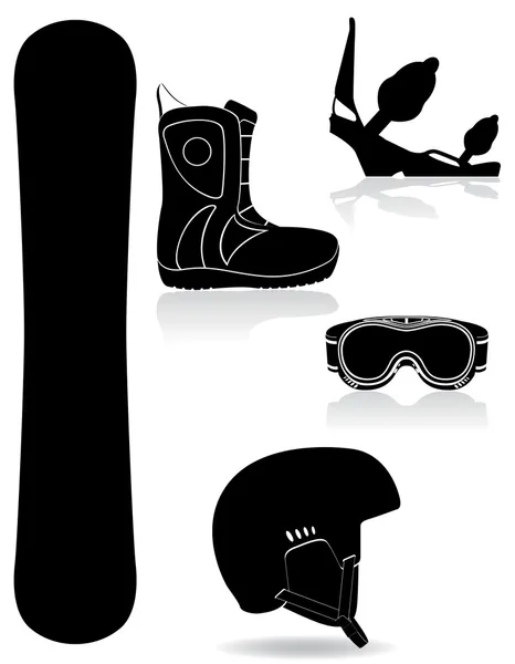 Set icônes équipement pour snowboard noir silhouette vecteur ill — Image vectorielle