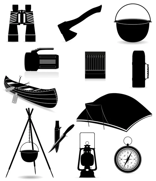 Set iconos artículos para recreación al aire libre silueta negro vector i — Vector de stock