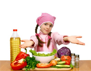 Kız Şef salata sebze üzerinden vektör çizim hazırlama