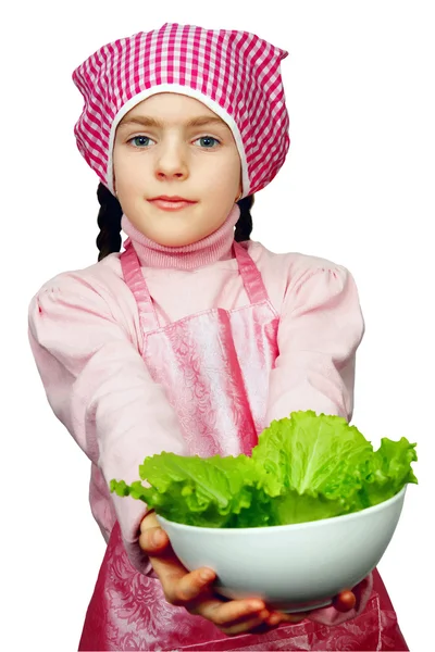 Flicka kock förbereda sallad från grönsaker vektor illustration — Stock vektor