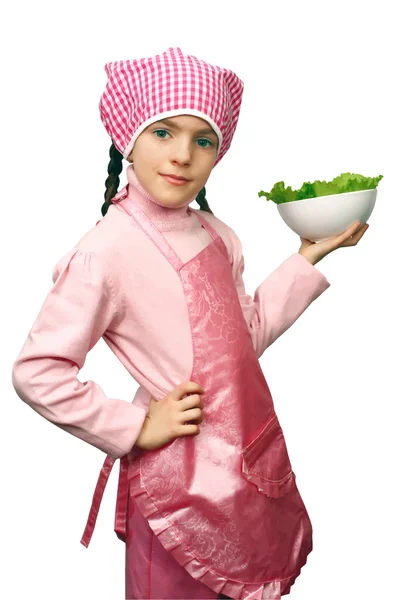 Chica chef preparación ensalada de verduras vector ilustración — Vector de stock