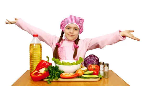 Chef menina preparando salada de legumes ilustração vetor — Vetor de Stock