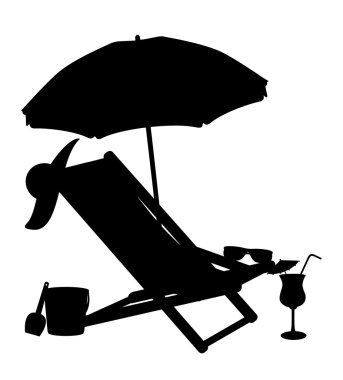 plaj sandalye ve şemsiye vektör çizim silueti