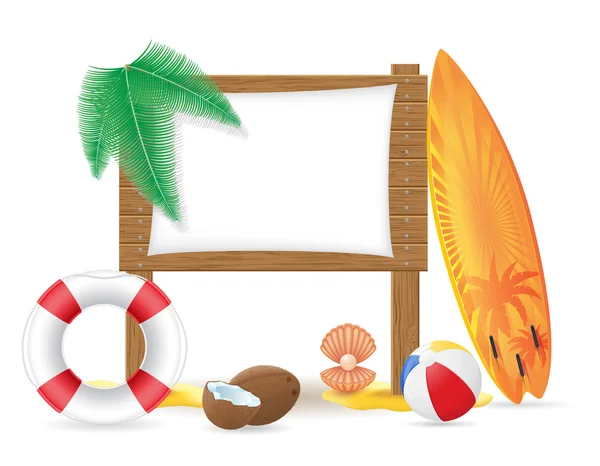 Bordo di legno con le icone della spiaggia vettoriale illustrazione — Vettoriale Stock