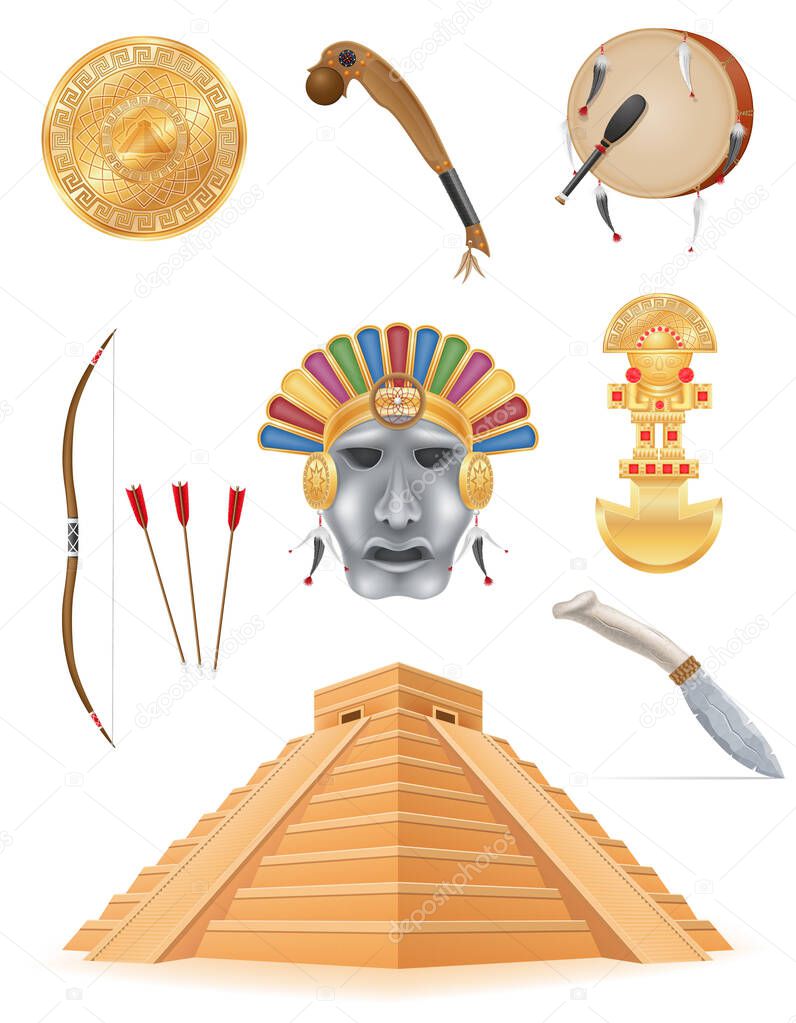 ancient objects and attributes of the maya vector illustration isolated on white background