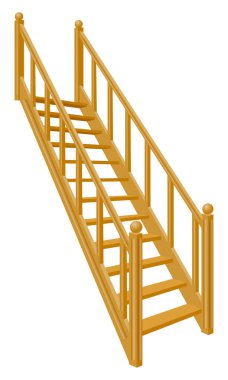 Beyaz arka planda izole edilmiş ahşap vektör çiziminden yapılmış ikinci kattaki evin merdivenleri.