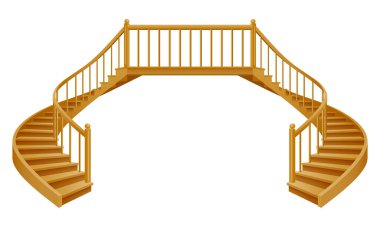 Beyaz arka planda izole edilmiş ahşap vektör çiziminden yapılmış ikinci kattaki evin merdivenleri.