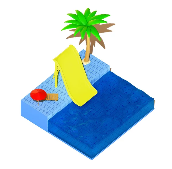 Zwembad Met Glijbaan Palm Maken Illustratie Geïsoleerd Witte Achtergrond — Stockfoto