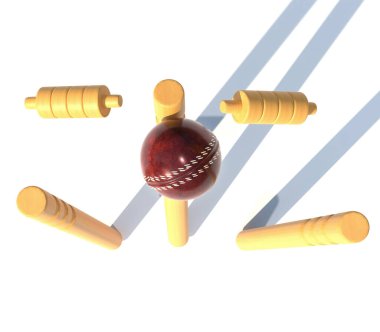 leather red ball hitting a cricket goal 3d render illustration isolated on white background
