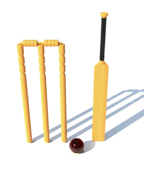 Wooden Bat Leather Red Cricket Ball Render Illustration Isolated White — Zdjęcie stockowe