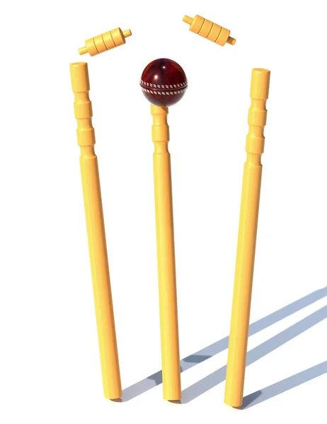 Leather Red Ball Hitting Cricket Goal Render Illustration Isolated White — Fotografia de Stock