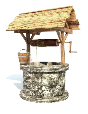 Retro eski taş su kuyusu 3d görüntüleme beyaz arkaplanda izole