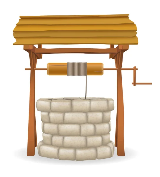 Stone Water Well Wooden Roof Vector Illustration Isolated White Background — Image vectorielle