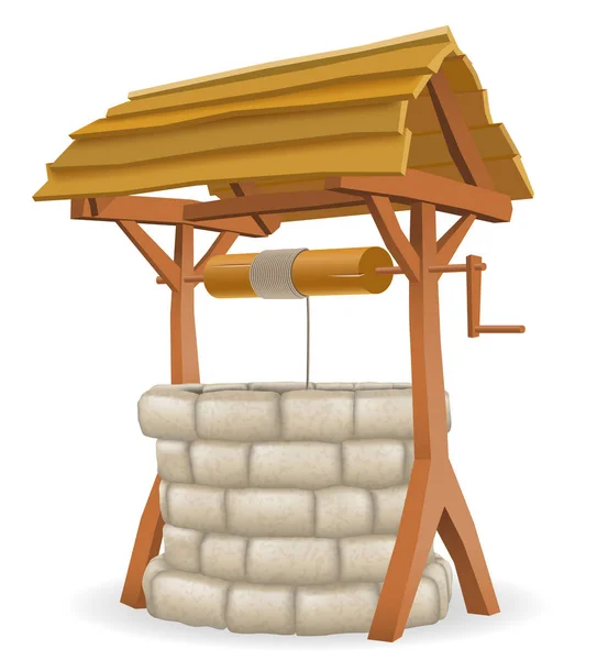 Stone Water Well Wooden Roof Vector Illustration Isolated White Background — Vetor de Stock