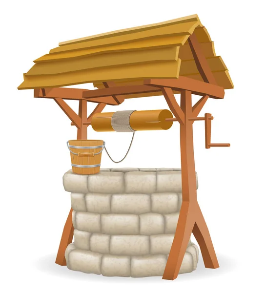 Stone Water Well Wooden Roof Vector Illustration Isolated White Background — 图库矢量图片