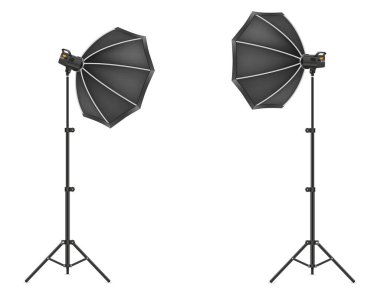 beyaz arkaplanda izole edilmiş bir fotoğraf stüdyosu vektör illüstrasyonu için tripodun üzerinde flaş olan softbox