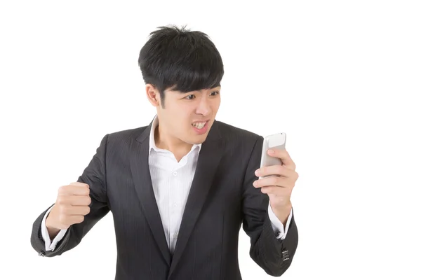 Homem de negócios irritado usar celular — Fotografia de Stock