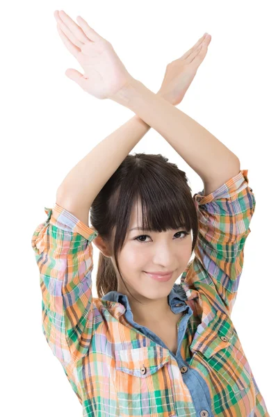 Genç Asyalı kadın havai eller çarpı işareti. — Stok fotoğraf