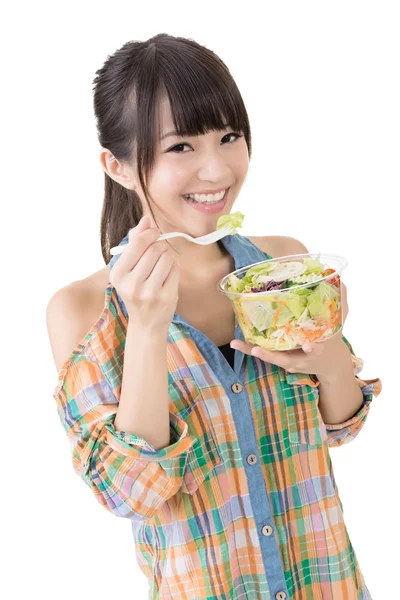 Asian pretty woman eats salad. — Stock Photo, Image