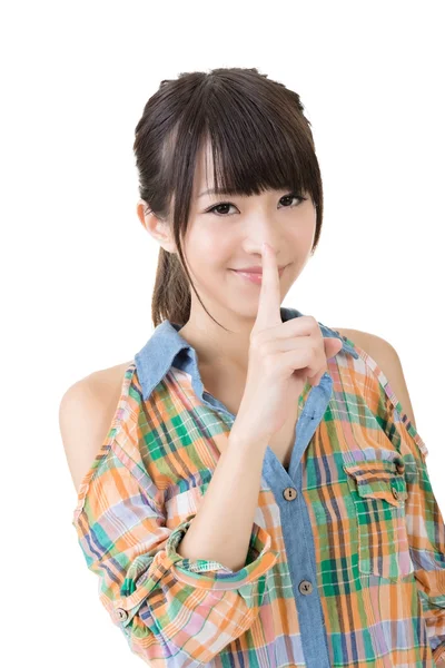 Asian woman saying hush be quiet. — Stock Photo, Image