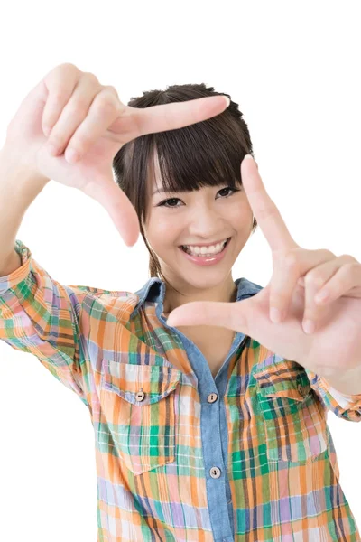 Photo sign made by hands of asian woman. — Stock Photo, Image