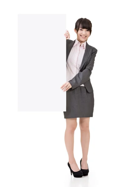 Asian business woman hold empty blank board — Stock Photo, Image