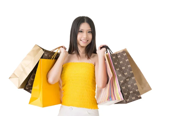 Atraente asiático mulher segurando sacos de compras — Fotografia de Stock