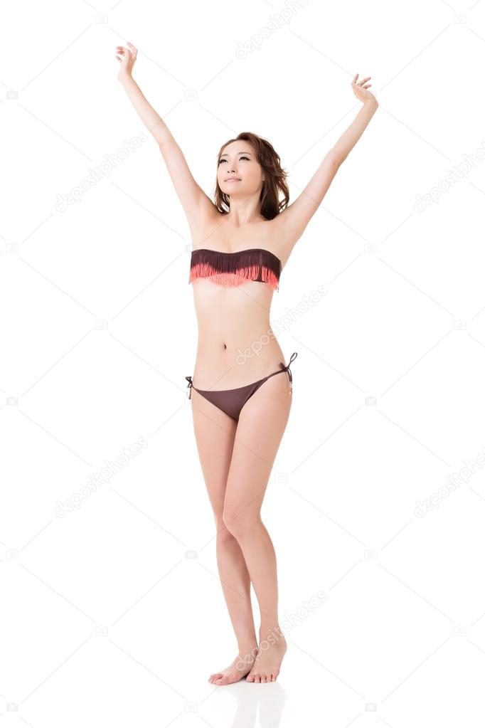 Sexy asian bikini woman stretch arms