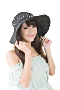 güzel Asyalı genç kadın şapkası.