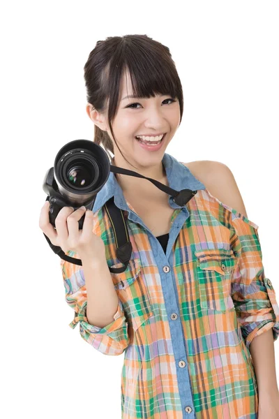 Smiling asian woman with photo camera — Stock Photo, Image