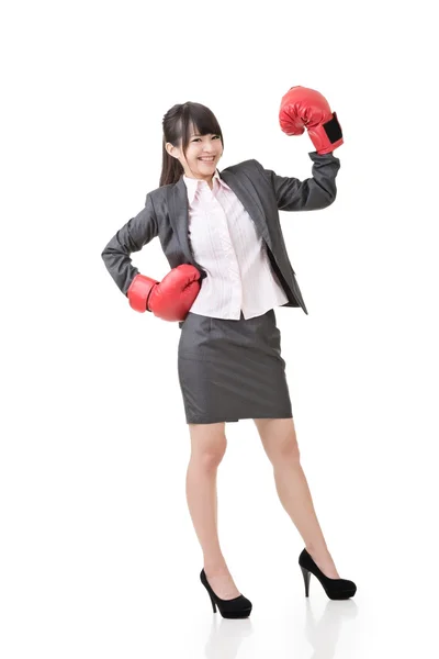 Asian business woman with boxing glove — Stock Photo, Image
