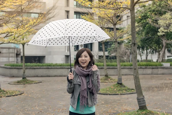 Счастливая улыбающаяся азиатка с зонтиком — стоковое фото