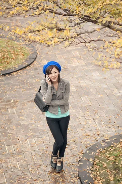 Vrolijke Aziatische Dame praten op mobiele telefoon op straat in de park, — Stockfoto