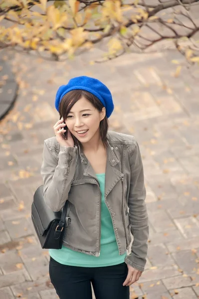 Joyeux asiatique dame parler sur téléphone portable à la rue dans le parc , — Photo