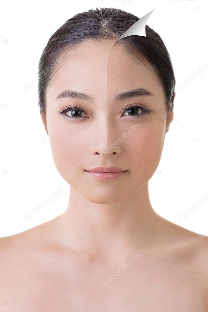 Face of beautiful Asian woman before and after retouch