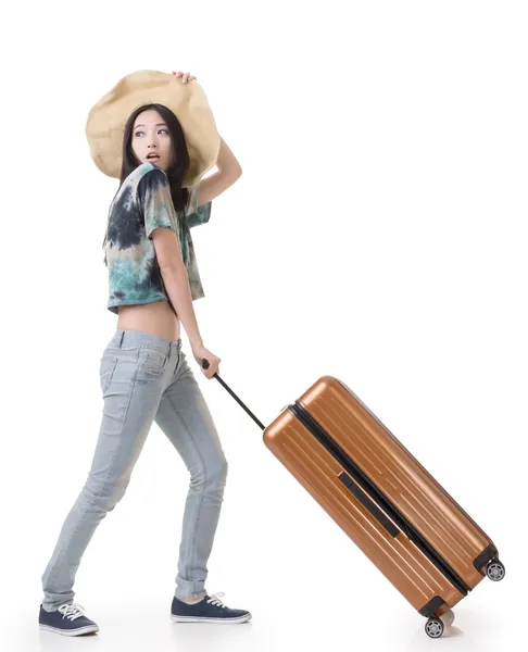 Exciting Asian woman drag a luggage — Stock Photo, Image