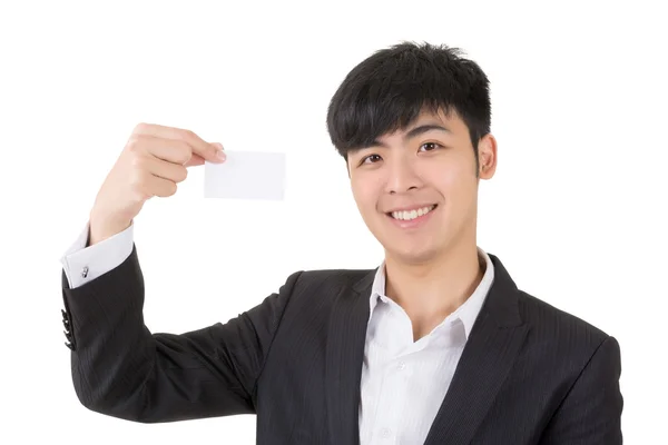 Asian businessman hold a blank business card — Stock Photo, Image